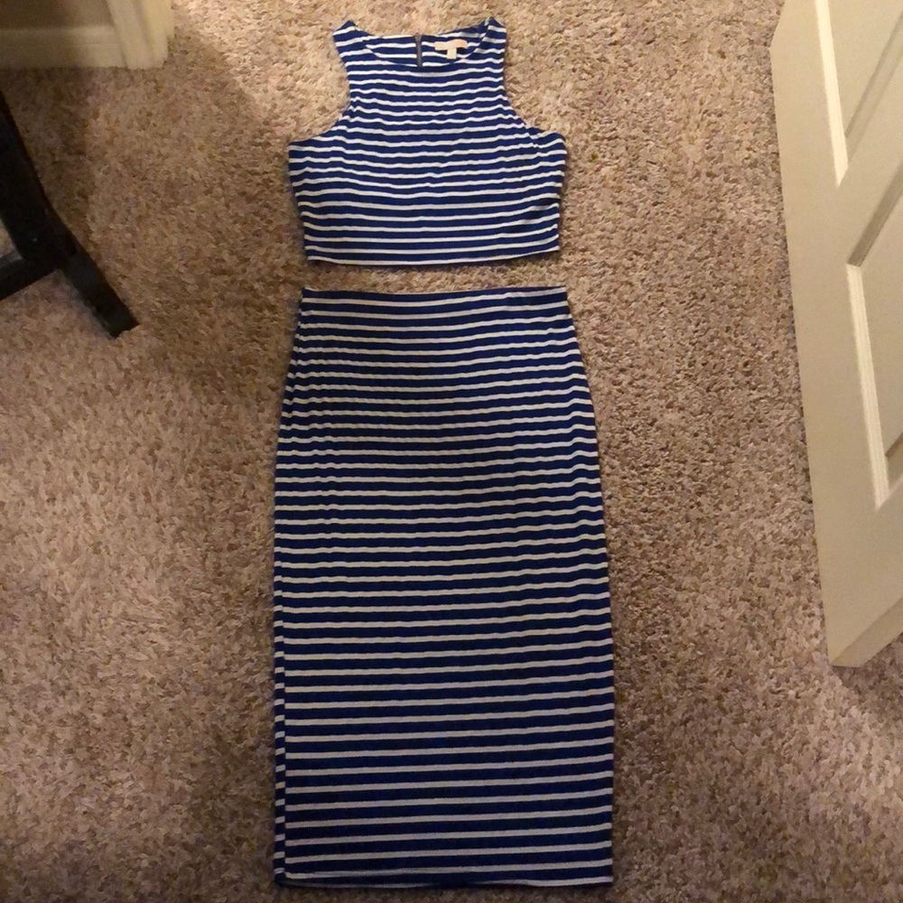 Blue and white striped crop top and skirt.